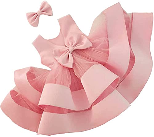 3M-6T Toddler Girl Bowknot Backless Tutu Gown Ruffle Lace Tulle Pageant Dress Baby Party Dresses with Headwear Light Pink 60