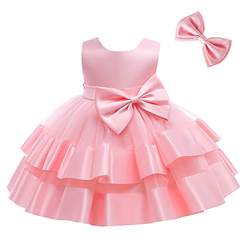 3M-6T Toddler Girl Bowknot Backless Tutu Gown Ruffle Lace Tulle Pageant Dress Baby Party Dresses with Headwear Light Pink 60