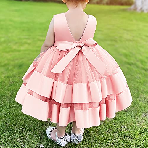 3M-6T Toddler Girl Bowknot Backless Tutu Gown Ruffle Lace Tulle Pageant Dress Baby Party Dresses with Headwear Light Pink 60