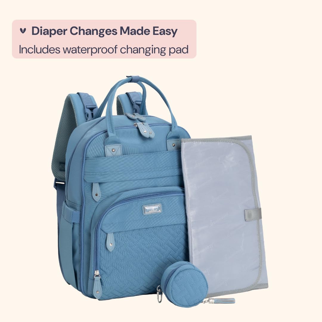 BabbleRoo Diaper Bag Backpack - Baby Essentials Travel Tote - Multi function Waterproof Diaper Bag, Travel Essentials Baby Bag with Changing Pad, Stroller Straps & Pacifier Case - Unisex, Light Blue