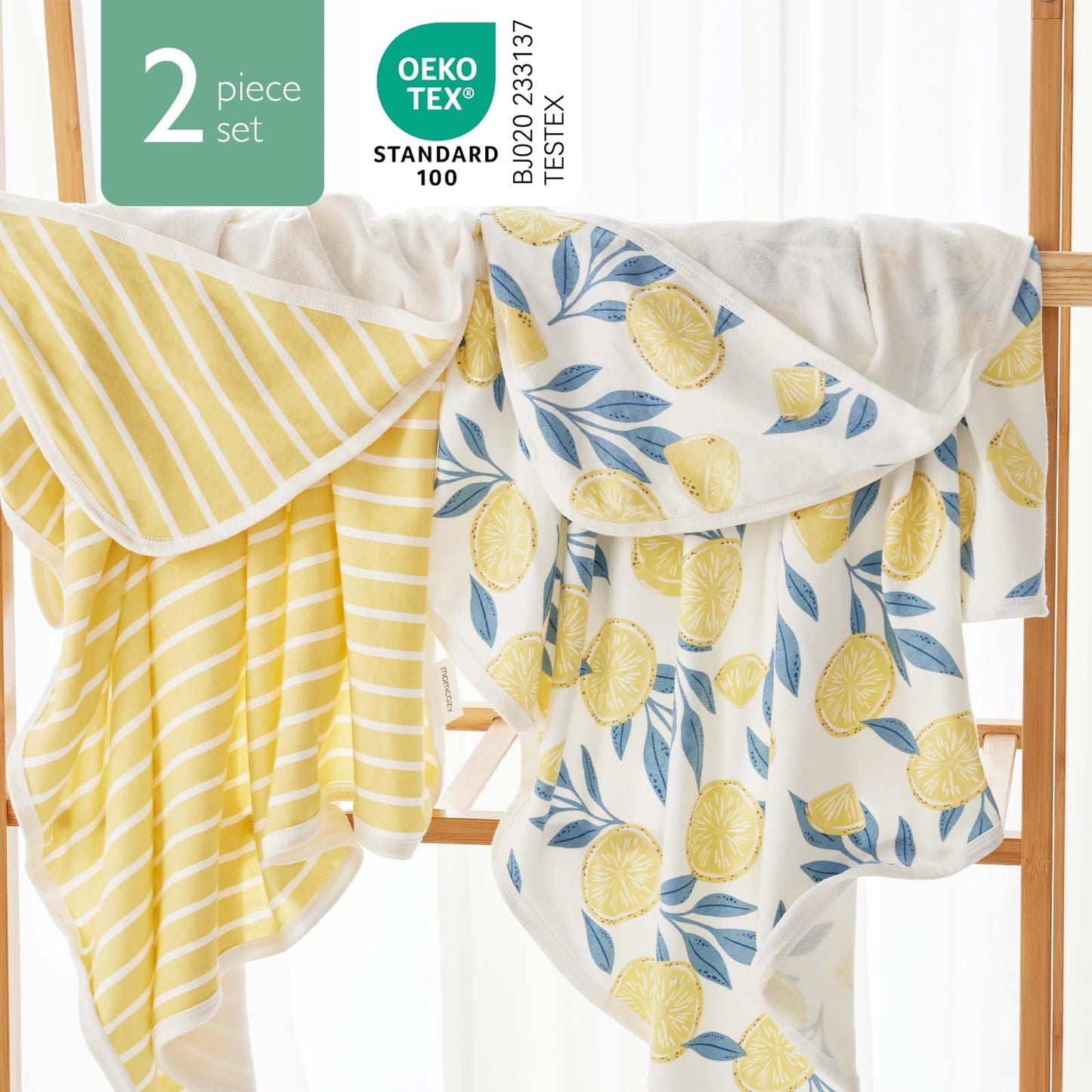 Momcozy Hooded Baby Towel, 2 Pack Baby Bath Towel Set with Large 35 X 35 Inch, Super Soft Cotton and Hooded Towel for Newborn, Toddler and Kid, Lemon Leaves