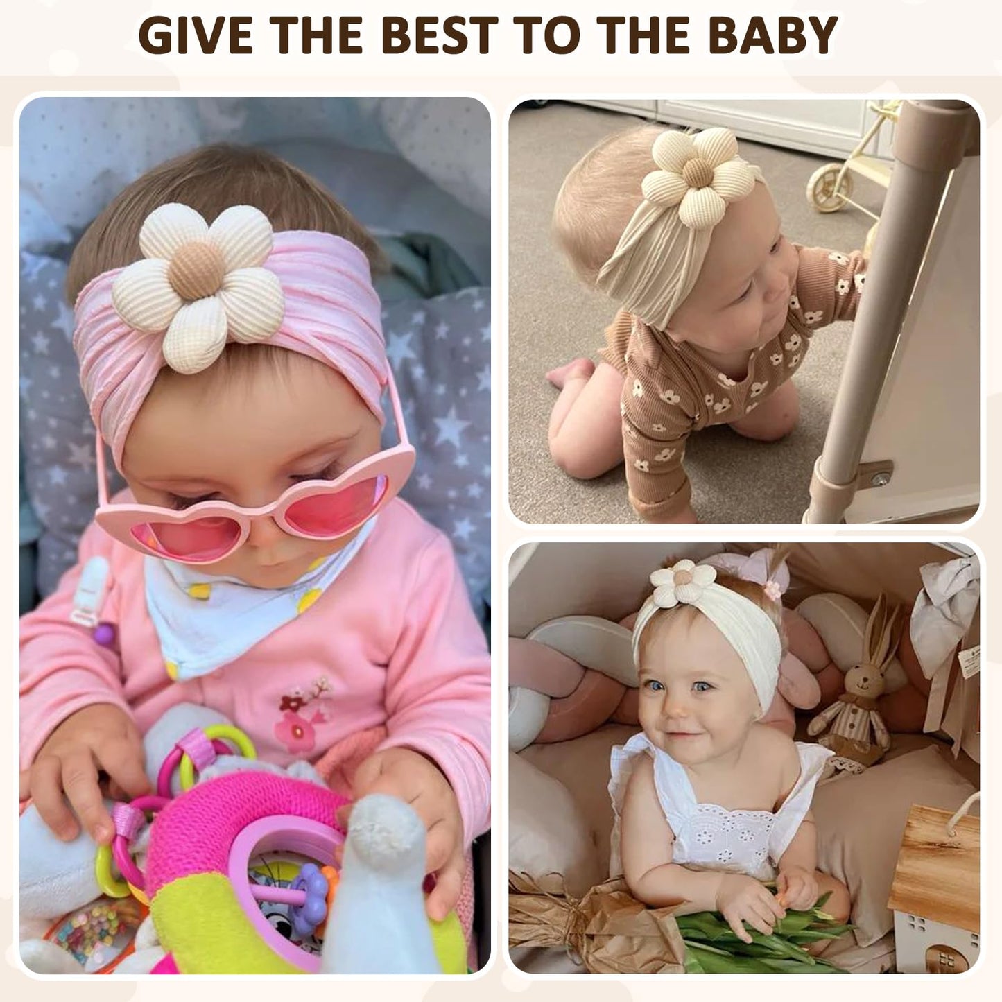 MIUXUESO 3 Pcs Baby Flower Headbands Baby Girls Nylon Headband Soft Hairbands Hair Accessories for Newborn Infant Toddler Kids (Yellow,Pink,Brown)