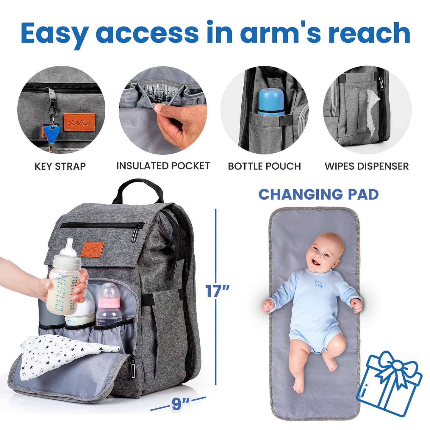 PILLANI Baby Diaper Bag Backpack - Baby Bag for Boys & Girls - Diaper Backpack - Large Travel Diaper Bags w/Changing Pad - Baby Registry Search & Shower Gifts Newborn Essentials & Items for Mom, Gray