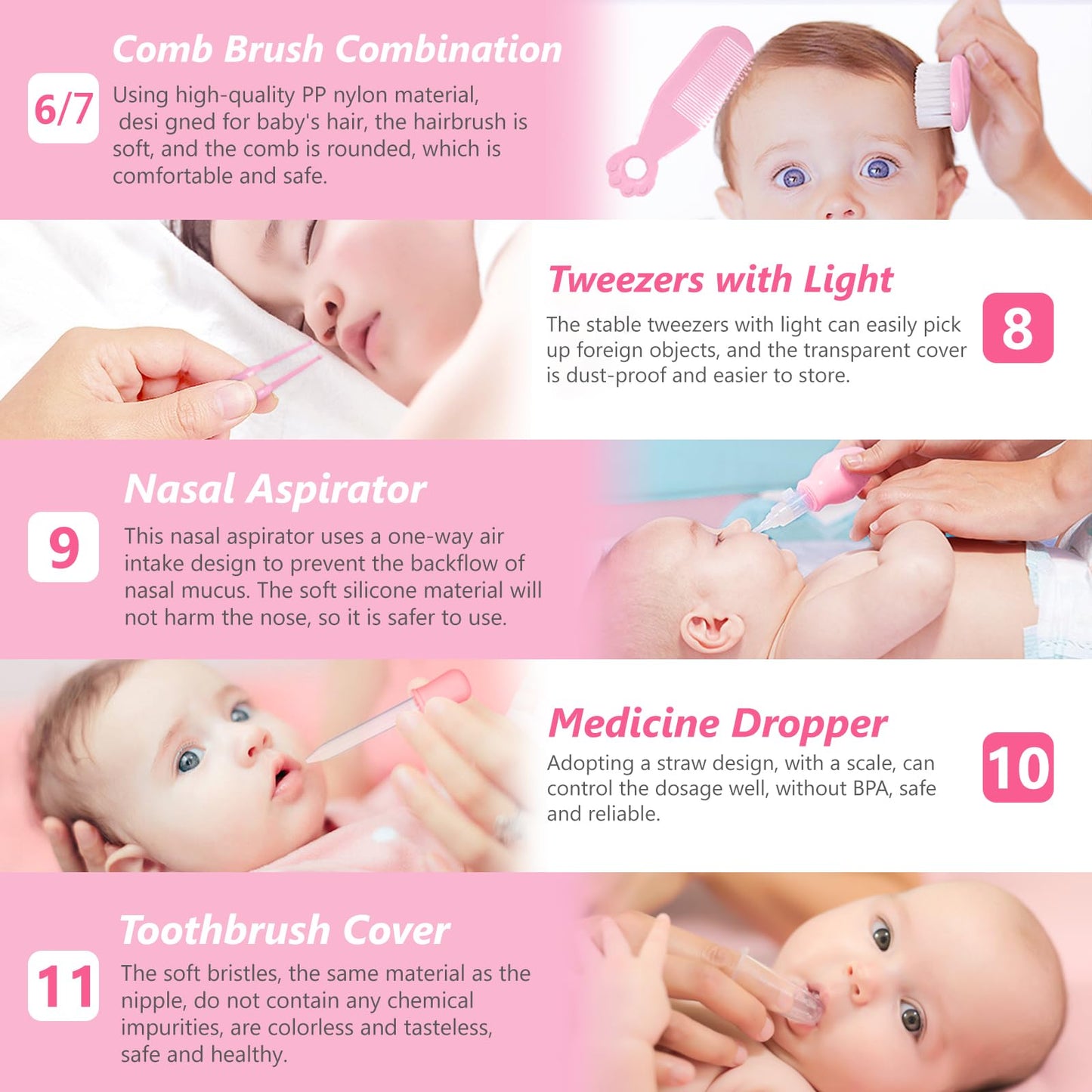 Baby Grooming Kit, 15 in 1 Portable Baby Safety Care Kit with Baby Brush and Comb Set Nail Clippers Nasal Aspirator etc for Nursery Newborn Infant Girl Boys Keep Clean Baby Essentials (Pink)