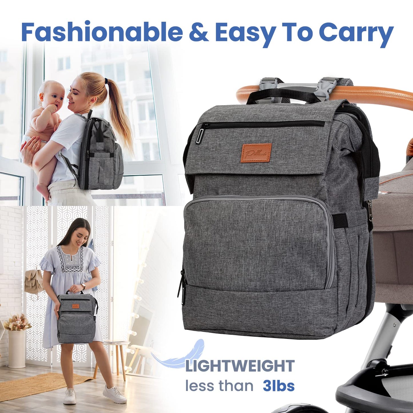 PILLANI Baby Diaper Bag Backpack - Baby Bag for Boys & Girls - Diaper Backpack - Large Travel Diaper Bags w/Changing Pad - Baby Registry Search & Shower Gifts Newborn Essentials & Items for Mom, Gray