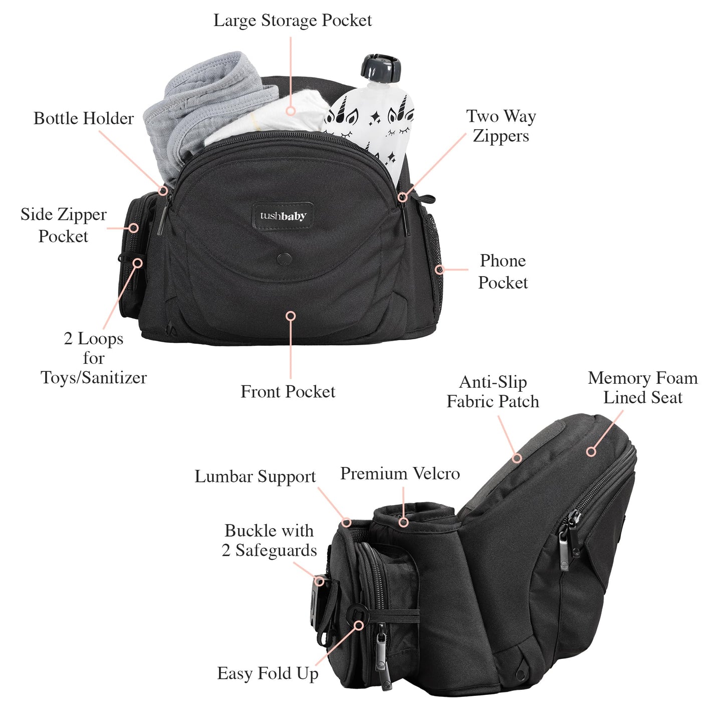 Tushbaby - Safety-Certified Hip Seat Baby Carrier - Mom’s Choice Award Winner, Seen on Shark Tank, Ergonomic Carrier & Extenders for Newborns & Toddlers (Carrier, Black)