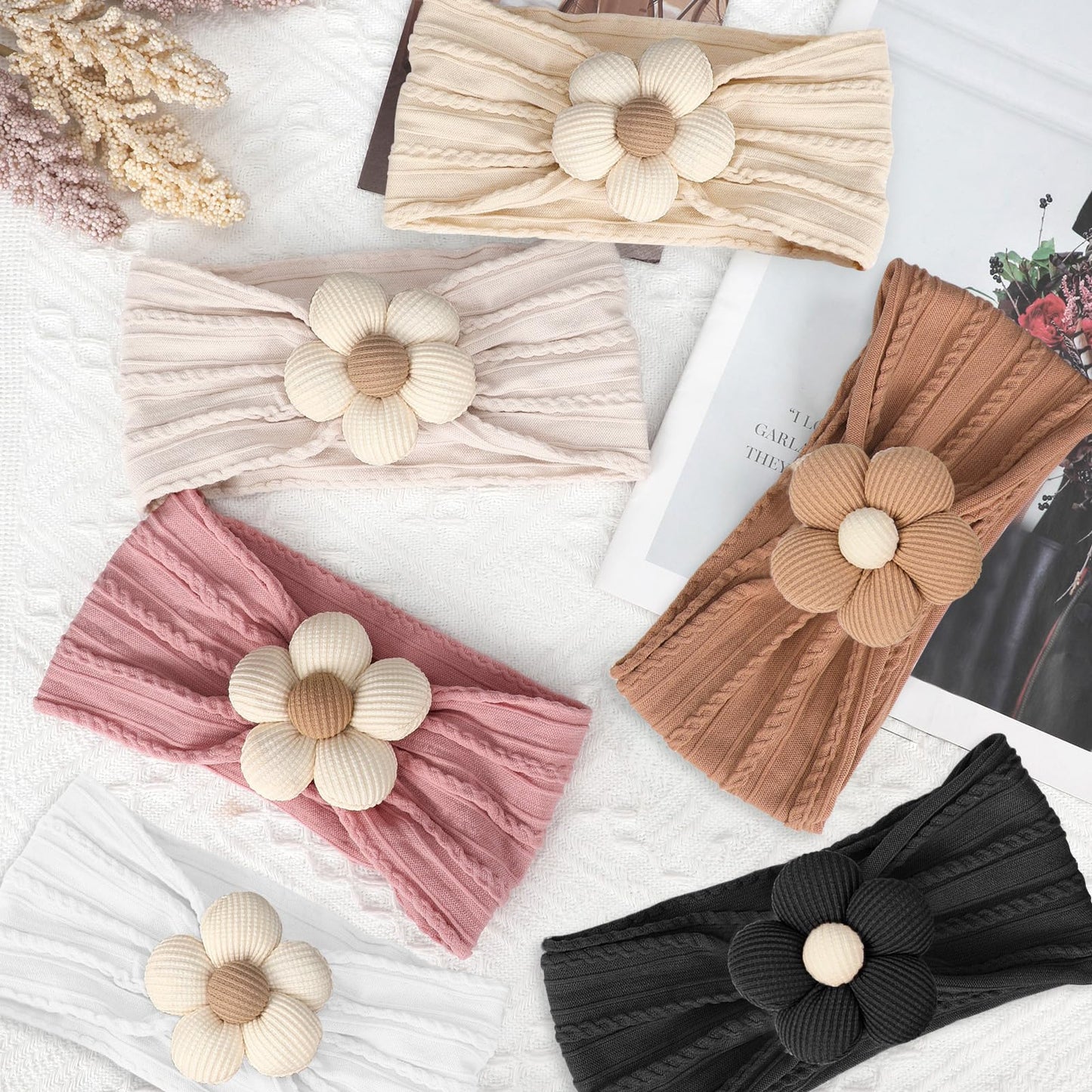 MIUXUESO 3 Pcs Baby Flower Headbands Baby Girls Nylon Headband Soft Hairbands Hair Accessories for Newborn Infant Toddler Kids (Yellow,Pink,Brown)