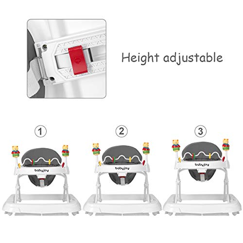 BABY JOY Baby Walker, Foldable Activity Walker Helper with Adjustable Height, Baby Activity Walker with High Back Padded Seat & Bear Toys, Gray