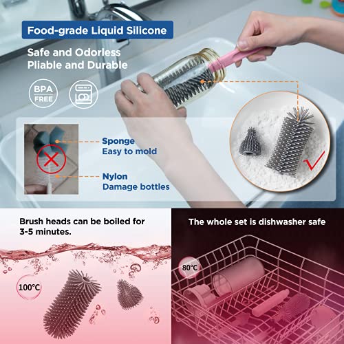 YOTIME Travel Baby Bottle Brush Set with Extendable Silicone Bottle Brush, Nipple Brush, Magnetic Baby Bottle Drying Rack, Straw Cleaner Brush