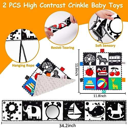 2 PCS Black and White High Contrast Baby Toys 0-6 Months Soft Crinkle Book