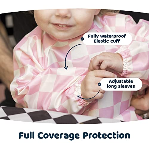 Tiny Twinkle Mess Proof Baby Bib, Cute Full Sleeve Bib Outfit, Waterproof Bibs for Toddlers, Machine Washable (Checkers Pink, Small 6-24 Months)