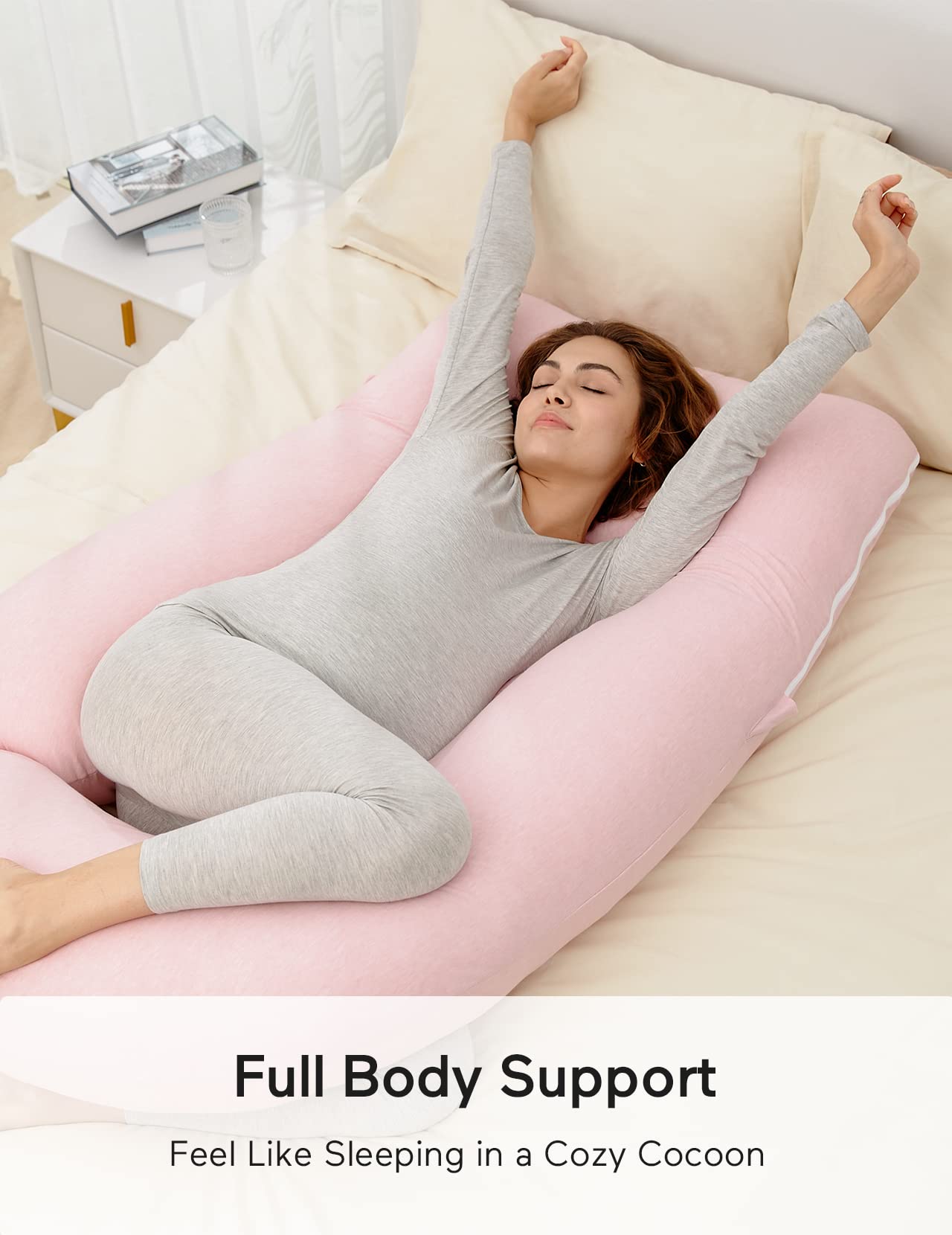 Momcozy Pregnancy Pillows for Sleeping, U Shaped Full Body Maternity Pillow for Side Sleeping - Support for Back, Legs, Belly, Hips, 57 Inch, Pink