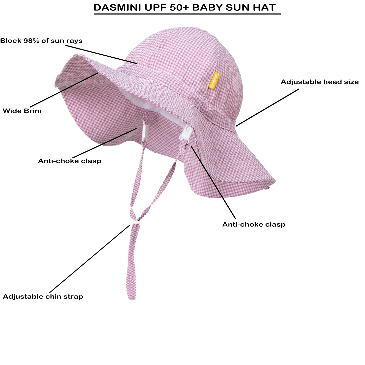 DASMINI Baby&Toddler Stripe Wide Brim Sun Hats UPF 50+ Sun Protection Beach Bucket Cap Cute Adjustable Hat (Red Checkered, 0-6M)