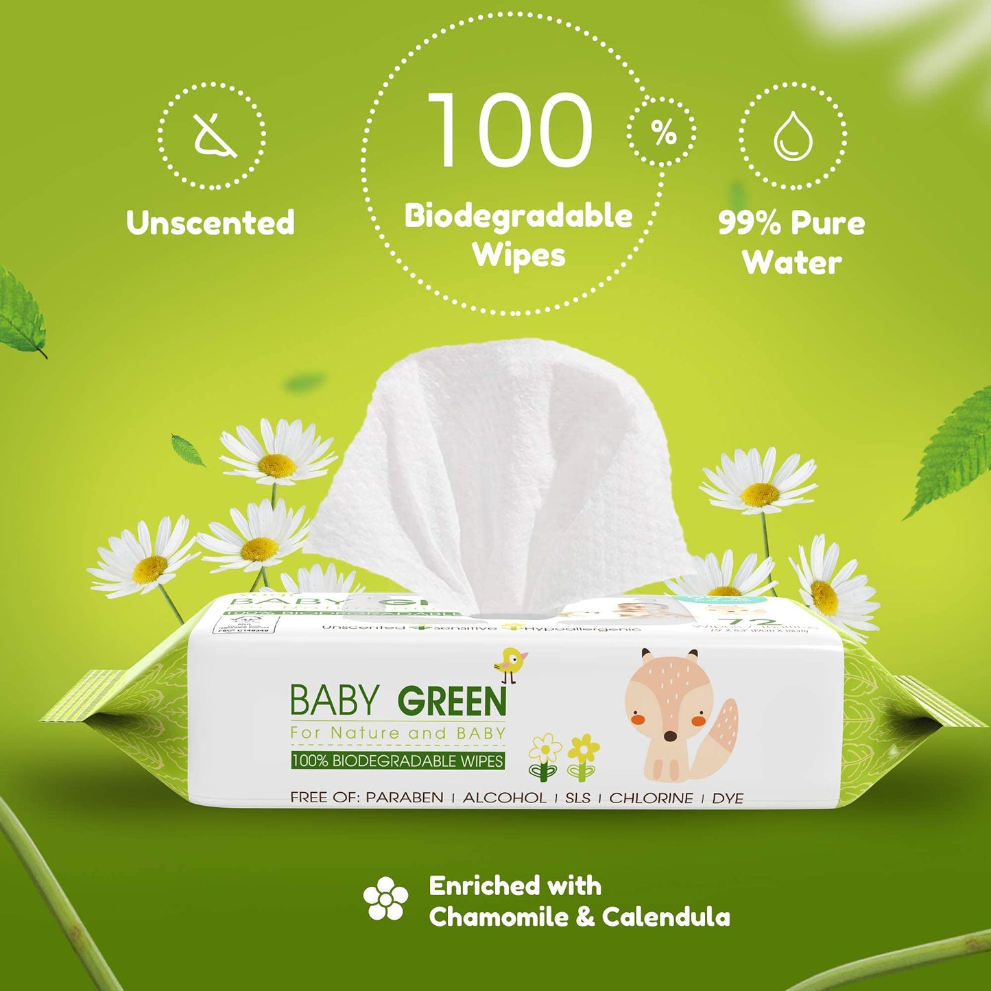 Yugi Green Baby Wipes Unscented Compostable Biodegradable and Organic– Value Pack (12 Packs of 72) 864 for Sensitive Skin & Nose
