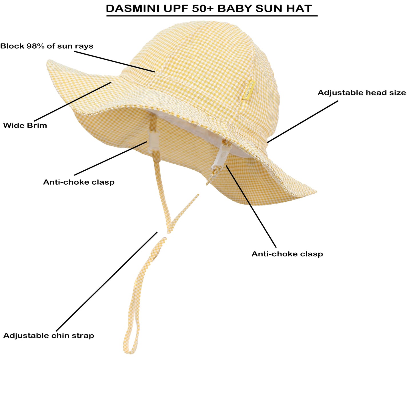 DASMINI Baby&Toddler Stripe Wide Brim Sun Hats UPF 50+ Sun Protection Beach Bucket Cap Cute Adjustable Hat (Yellow Checkered, 0-6M)