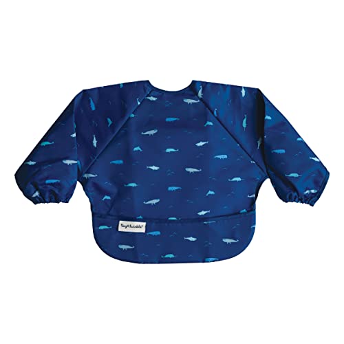 Ocean-pattern long-sleeve toddler feeding bib shown from the front