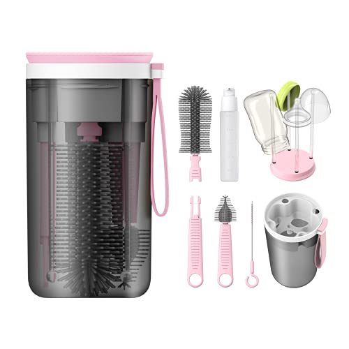 Pink travel baby bottle cleaning kit with brushes, drying rack, soap container, and storage case