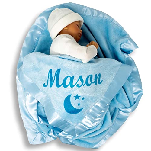 Blue Custom Catch personalized baby blanket with satin border and embroidered name