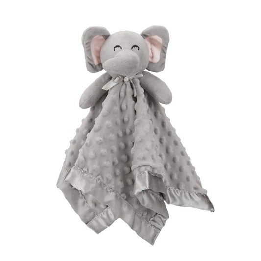 Gray elephant baby lovey with a square fabric blanket section