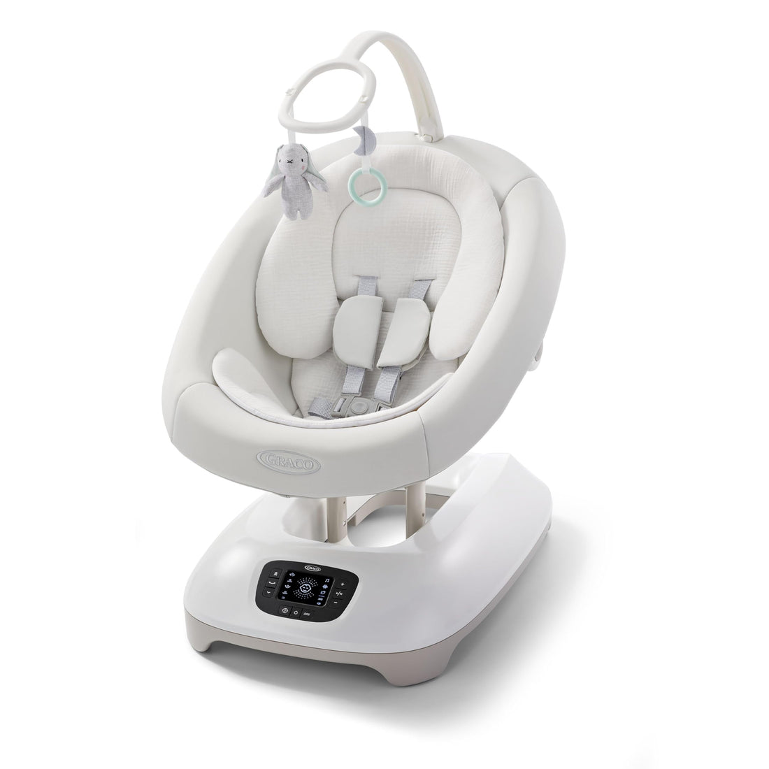 Graco SmartSense baby swing in the Rori color with infant support, harness, and toy bar