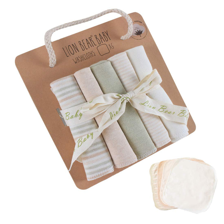 Five multicolor baby washcloths arranged as a reusable bath and cleanup set
