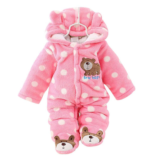 Pink hooded and footed XIFAMNIY fleece baby snowsuit for winter outings