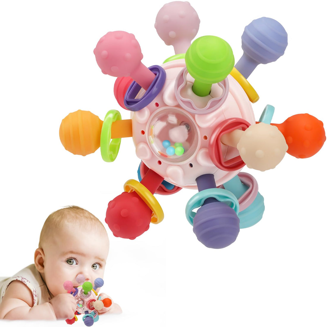 Pink TOHIBEE baby sensory toy with textured silicone balls, rings, and rotating pieces