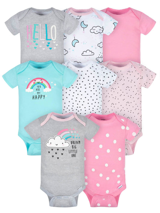 Cloud-print baby bodysuits in several colors