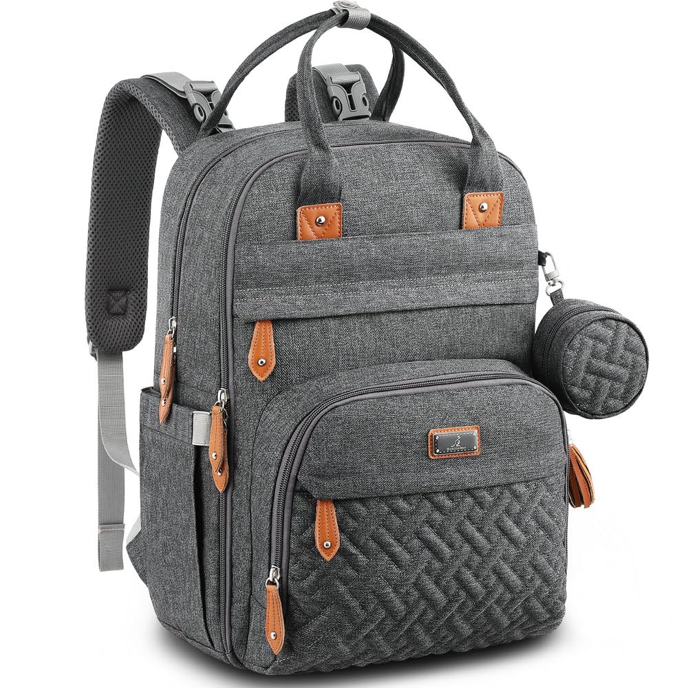 Dark gray diaper bag backpack with organized pockets for baby outing essentials