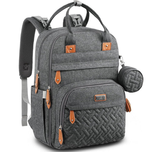 Dark gray diaper bag backpack with organized pockets for baby outing essentials