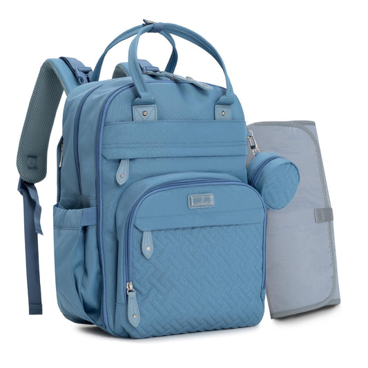 Light-blue BabbleRoo diaper bag backpack with organized travel compartments