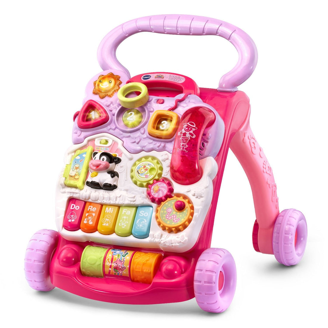Pink VTech Sit-to-Stand Learning Walker with removable activity panel in a push walker versus seated baby walker guide