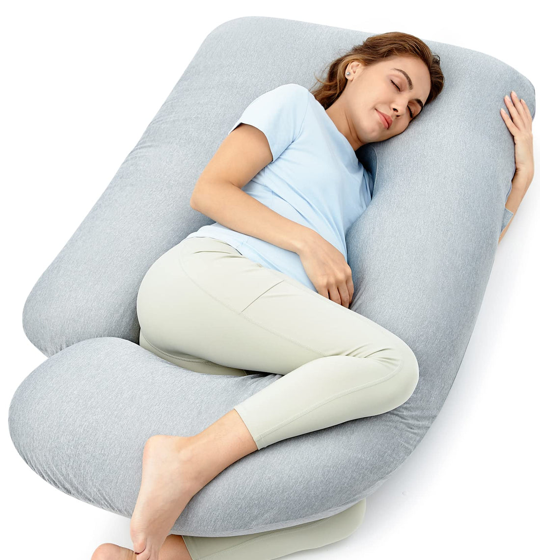 Gray Momcozy 57-inch U-shaped pregnancy pillow with cooling cover