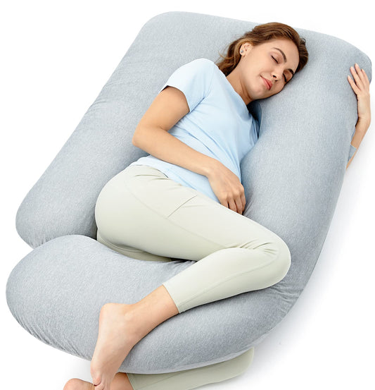 Gray Momcozy 57-inch U-shaped pregnancy pillow with cooling cover