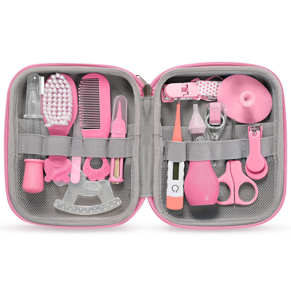 Pink portable baby grooming kit with nail care, hair care, and daily care tools in a storage case