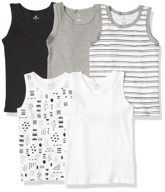 Patterned sleeveless baby shirts arranged as a multipack
