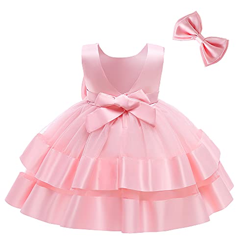 3M-6T Toddler Girl Bowknot Backless Tutu Gown Ruffle Lace Tulle Pageant Dress Baby Party Dresses with Headwear Light Pink 60