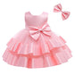 Vestido de tul con volantes y encaje para niña pequeña, sin espalda, con lazo, para desfile, de 3 meses a 6 años, con tocado, color rosa claro, 60