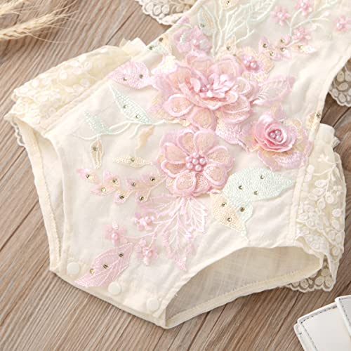 Newborn Baby Girl 1st Birthday Outfit Floral Lace Tulle Romper Tutu Dress Backless Jumpsuits Ruffled Fly Sleeves Ruffle Dresses Flower Headband