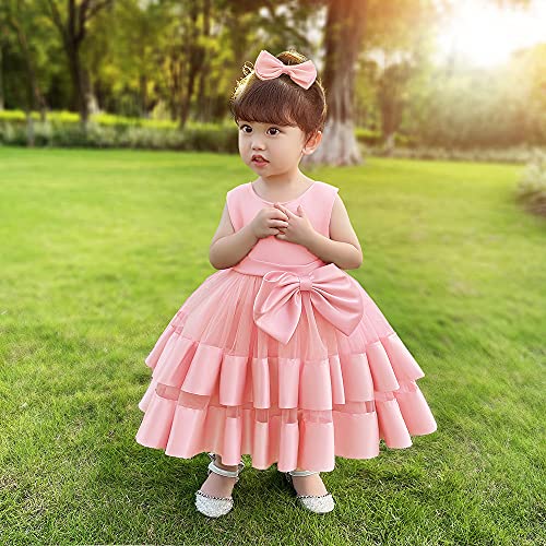 3M-6T Toddler Girl Bowknot Backless Tutu Gown Ruffle Lace Tulle Pageant Dress Baby Party Dresses with Headwear Light Pink 60