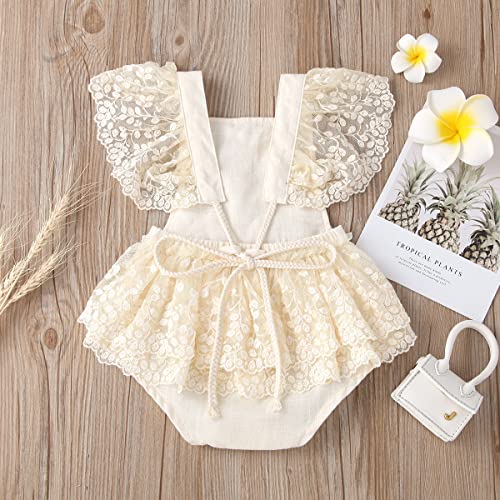 Newborn Baby Girl 1st Birthday Outfit Floral Lace Tulle Romper Tutu Dress Backless Jumpsuits Ruffled Fly Sleeves Ruffle Dresses Flower Headband