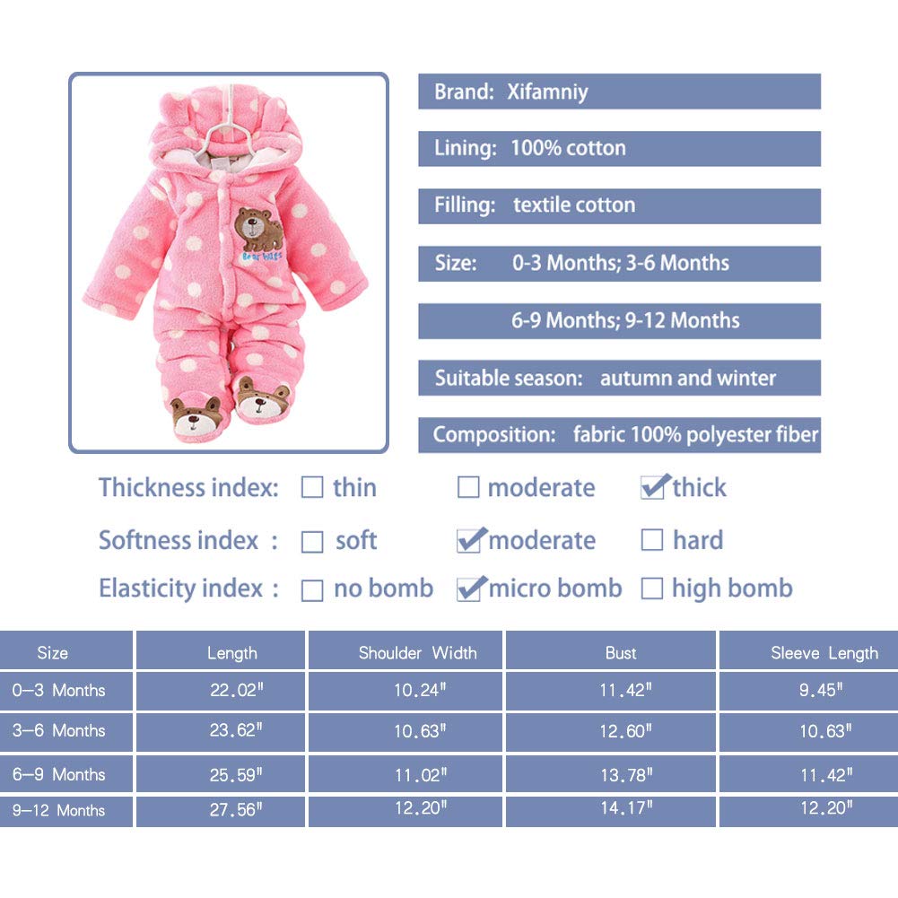 XIFAMNIY Baby Girls Boys Newborn Fleece Jumpsuit Footie Hooded Warm Thicken Snowsuit Outwear for Winter