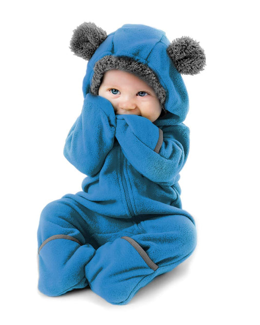 Fleece Baby Bunting Bodysuit – Infant One Piece Kids Hooded Romper Outerwear Toddler Jacket Bear - Blue 6-12 Months