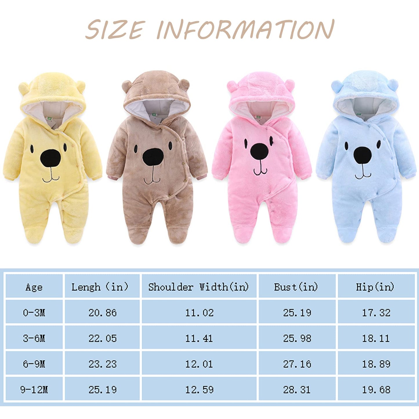 BOZWELL Newborn Baby Cartoon Bear Snowsuit Infant Jumpsuit Footie Romper Winter Coat Romper (Yellow, 0-3Months)