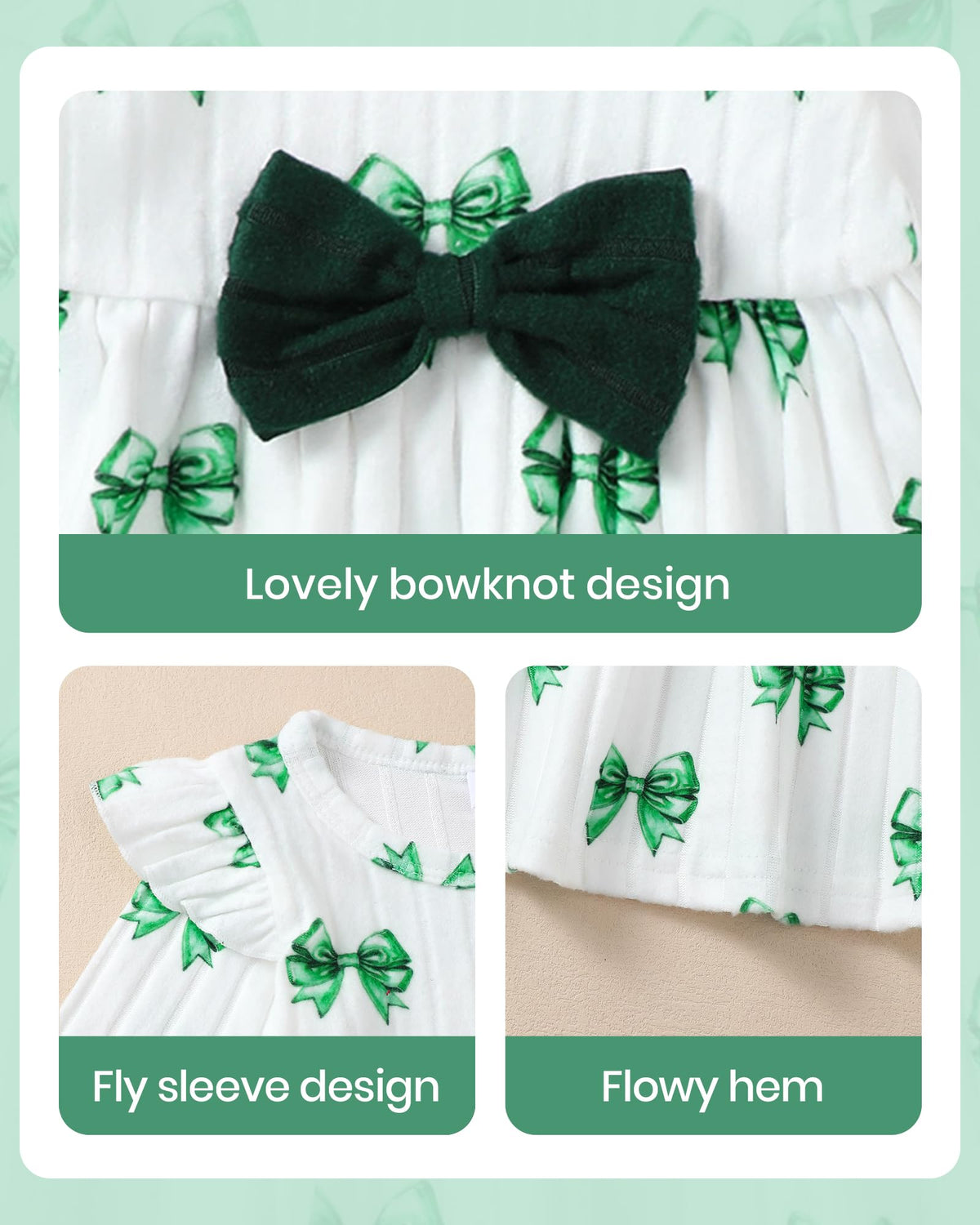 Aura Vane 3-6 Month Baby Girl Winter Dress Clothes Bow Green Flower Dresses