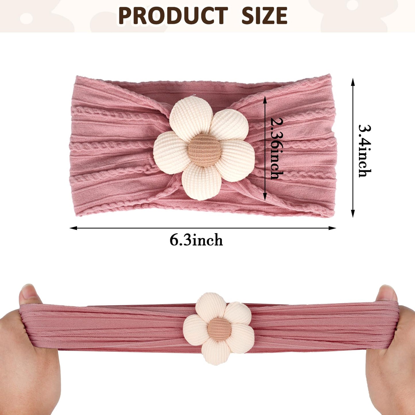MIUXUESO 3 Pcs Baby Flower Headbands Baby Girls Nylon Headband Soft Hairbands Hair Accessories for Newborn Infant Toddler Kids (Yellow,Pink,Brown)