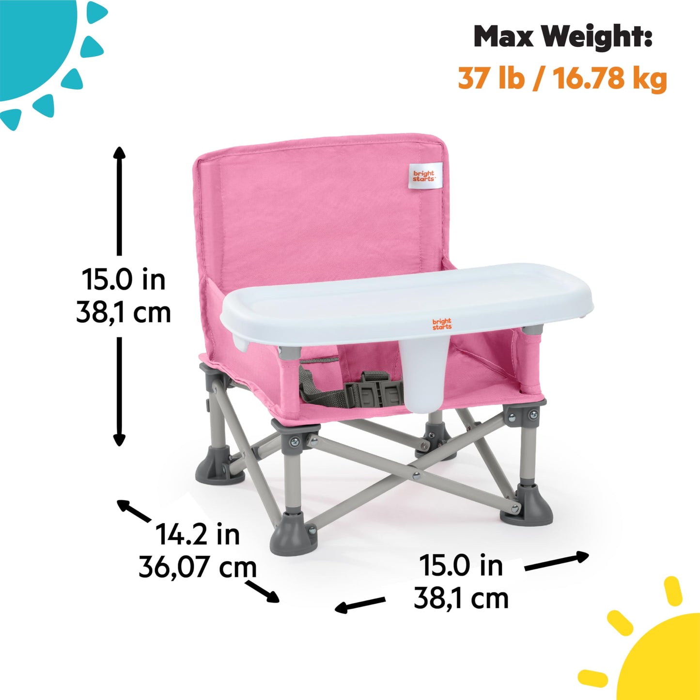 Bright Starts Pop 'N Sit Portable Booster, Indoor/Outdoor Use, Floor Seat with Feeding Tray, Pink, 6 Mos - 3 Yrs