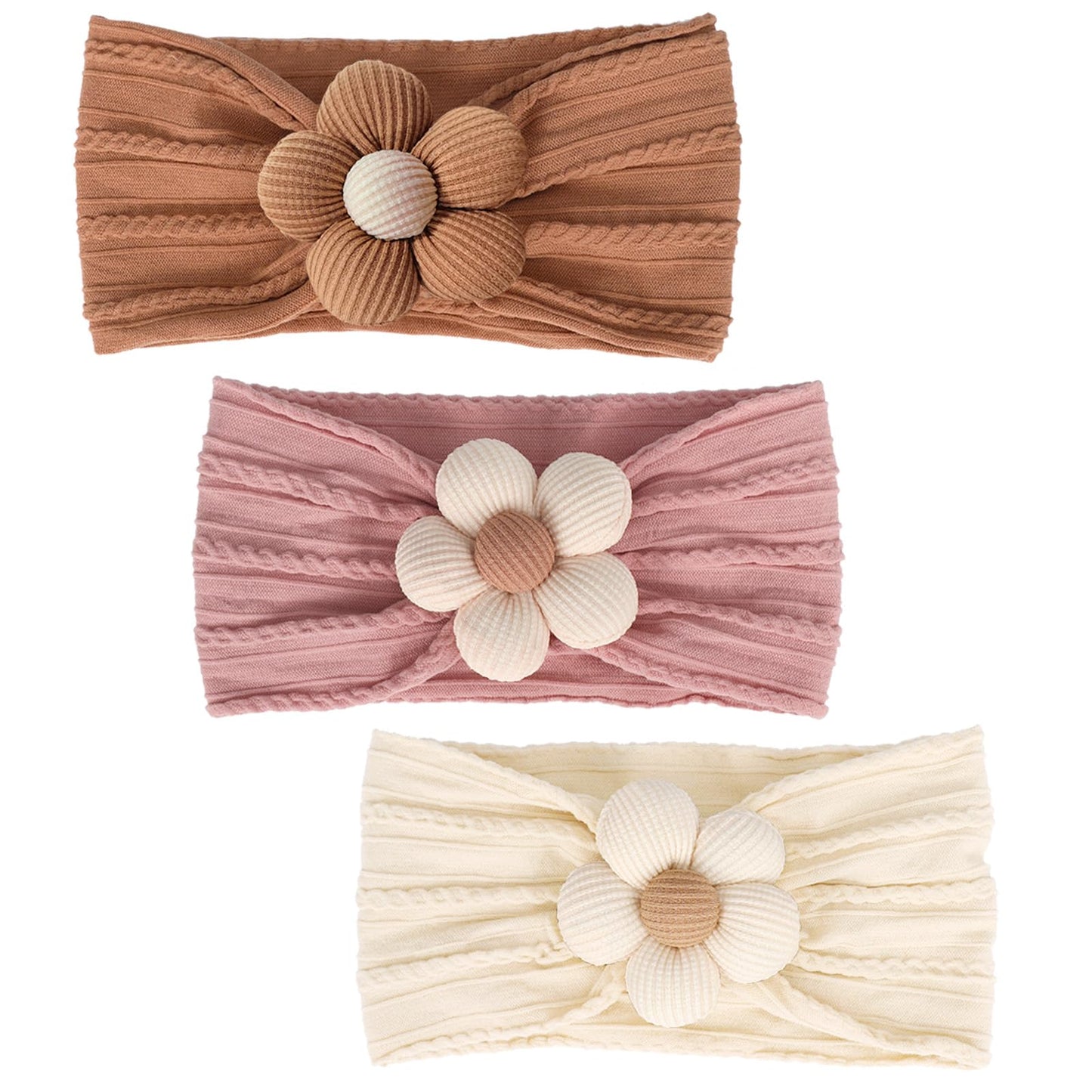 MIUXUESO 3 Pcs Baby Flower Headbands Baby Girls Nylon Headband Soft Hairbands Hair Accessories for Newborn Infant Toddler Kids (Yellow,Pink,Brown)