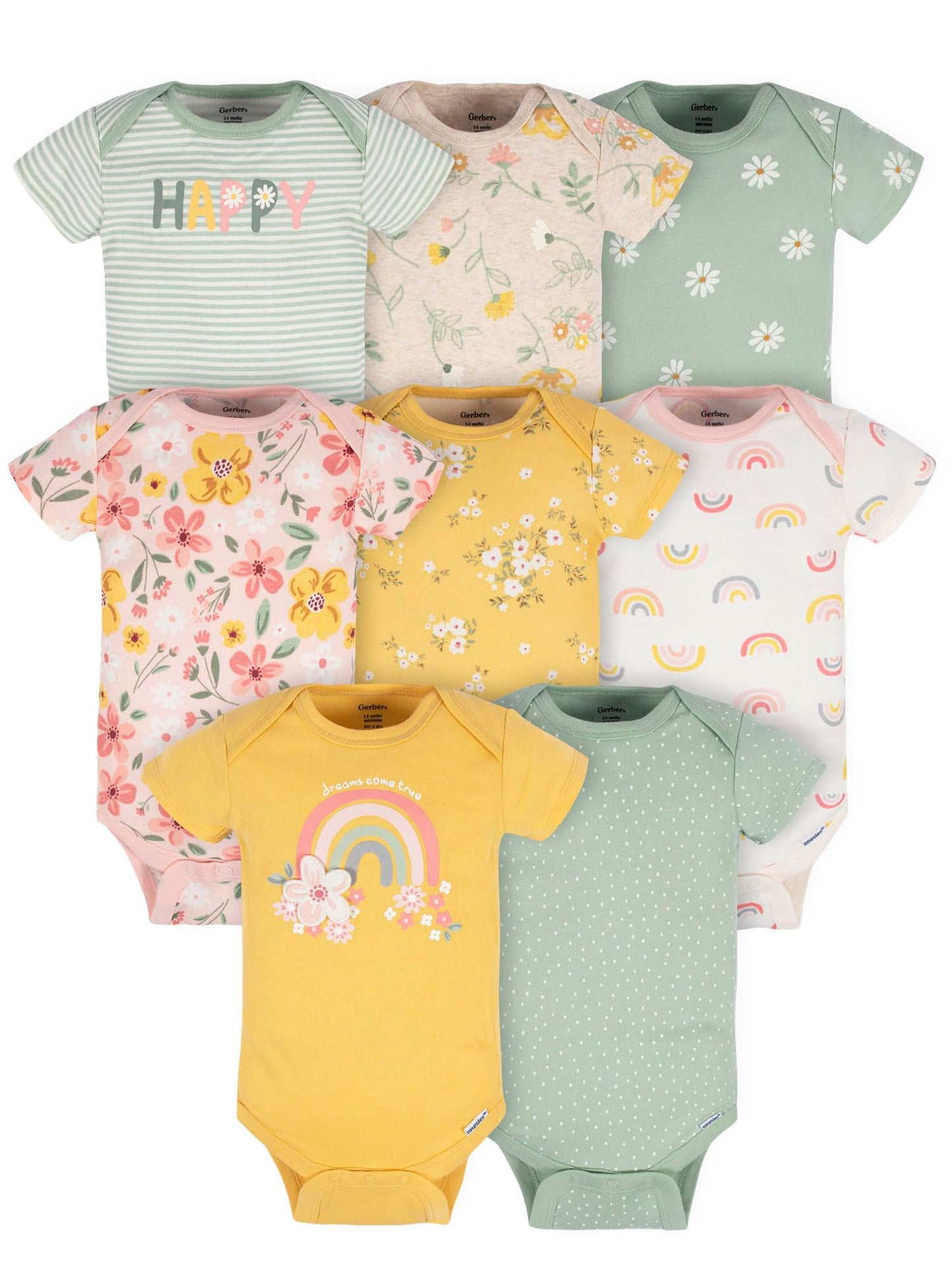 Gerber Baby Girls 8-pack Short Sleeve Onesies Bodysuits Shirt, Golden Floral, 0-3 Months US