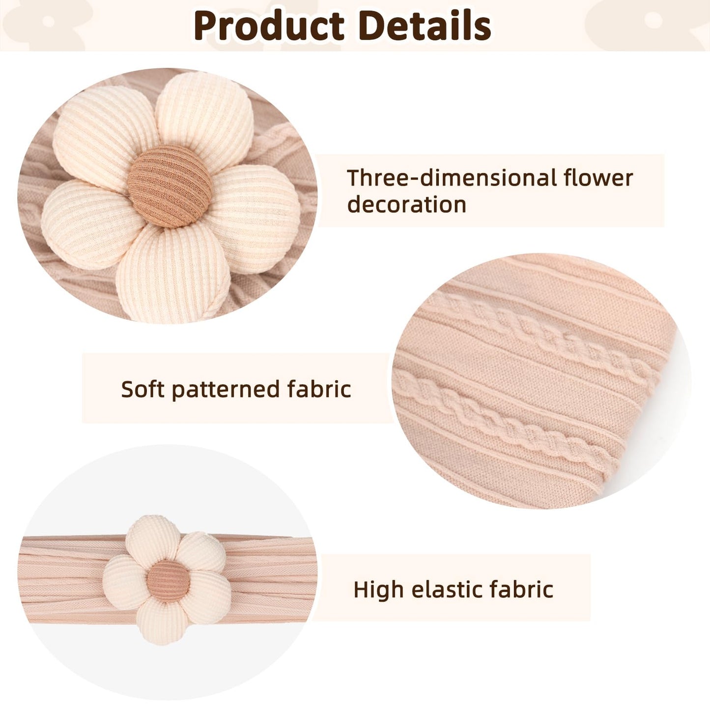 MIUXUESO 3 Pcs Baby Flower Headbands Baby Girls Nylon Headband Soft Hairbands Hair Accessories for Newborn Infant Toddler Kids (Yellow,Pink,Brown)